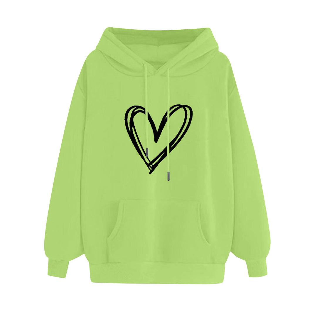 Damen nan oversized Kapuzenpullover mit handgezeichnetem Herzprint, Kängurutasche und weichem Fleece-Innenfutter Drune