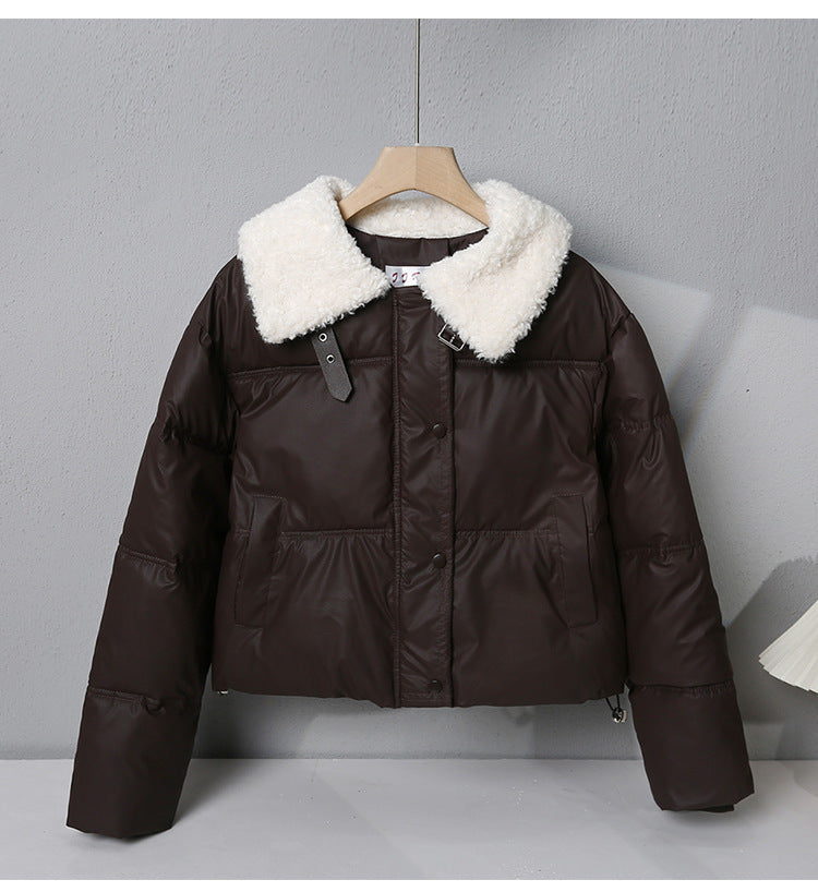 Damen nan kurze gesteppte Winterjacke mit breitem Teddykragen und Kordelzug Drune