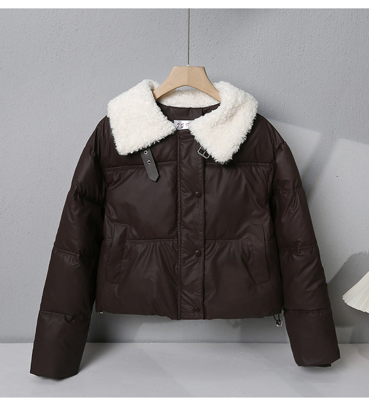 Damen nan kurze gesteppte Winterjacke mit breitem Teddykragen und Kordelzug Drune