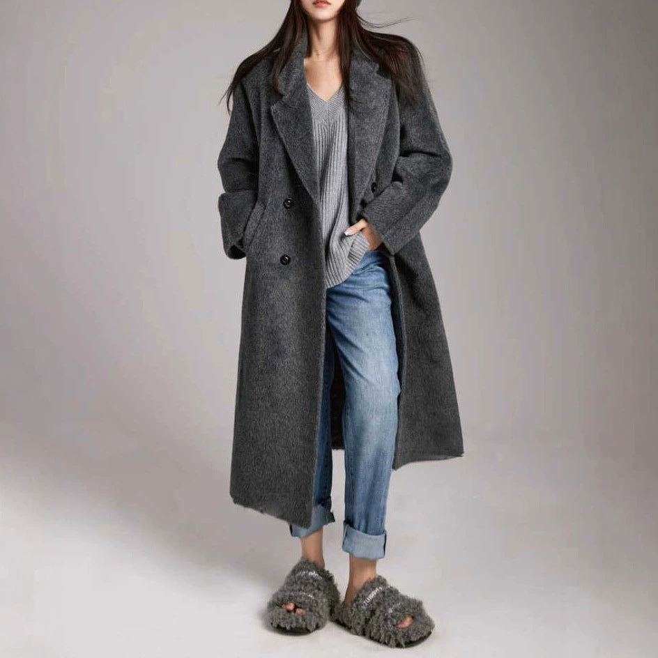 Damen Modischer und eleganter Bouclé-Mantel mit doppelter Knopfleiste Drune