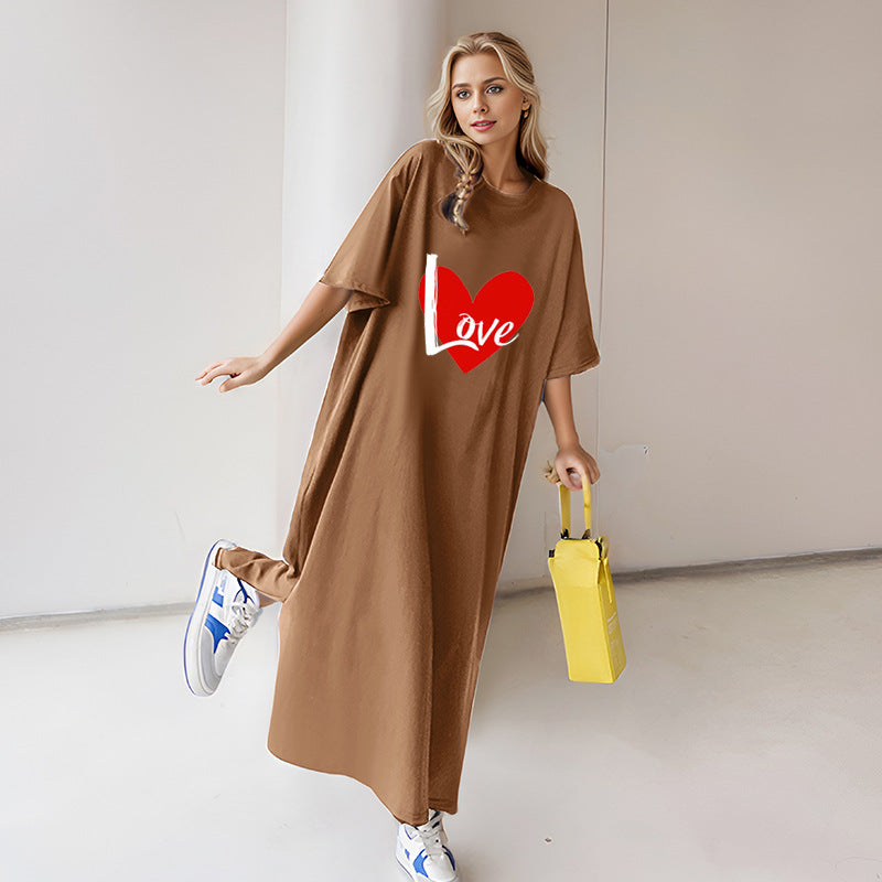 Damen nan locker geschnittenes Maxikleid mit großem Herzgrafikprint und Rundhalsausschnitt Drune