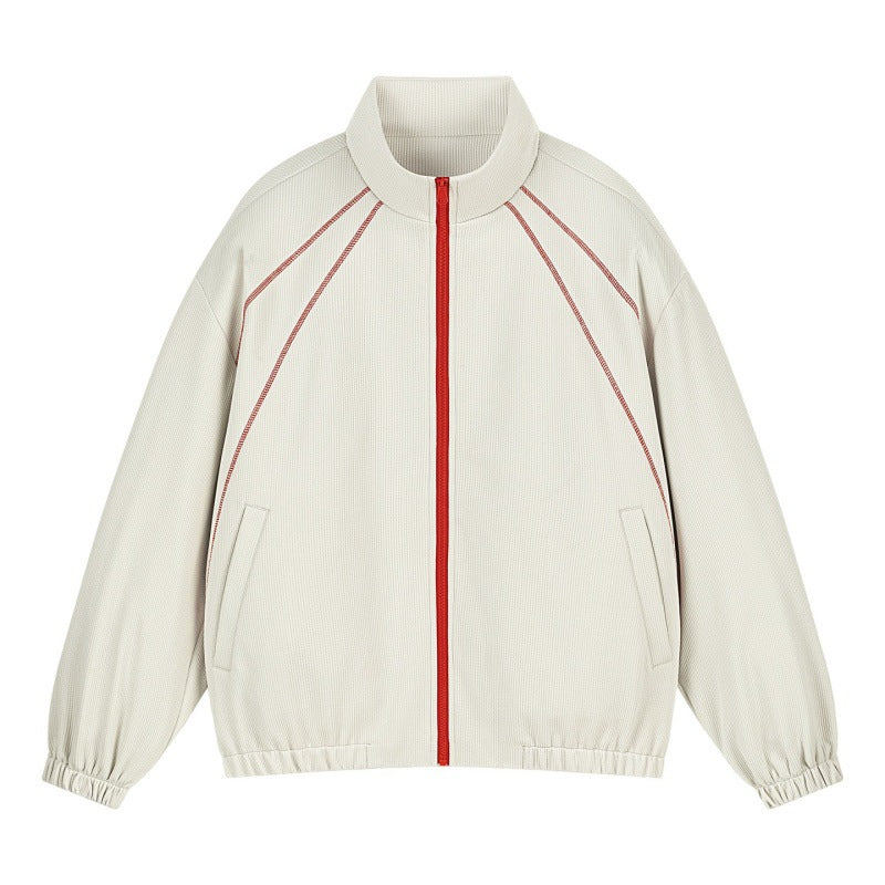 Unisex Oversize-Struktur-Trackjacke mit Stehkragen, Reißverschluss & Flatlock‑Details Drune