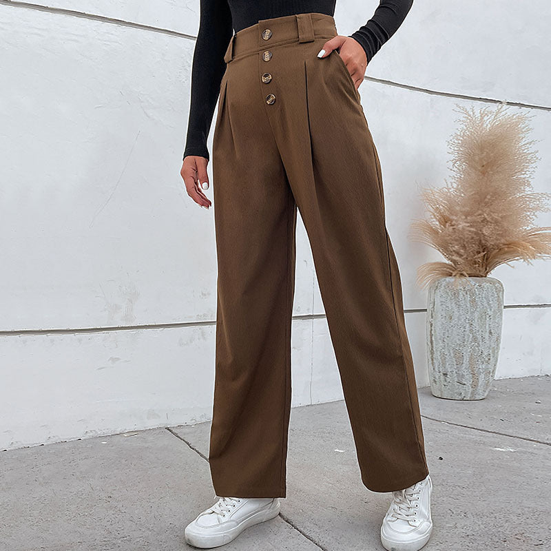 Damen Hochtaillierte weite Stoffhose mit Zierknopfleiste und Bundfalten Drune