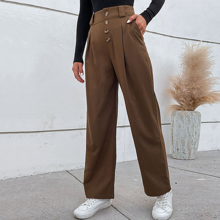 Damen Hochtaillierte weite Stoffhose mit Zierknopfleiste und Bundfalten Drune