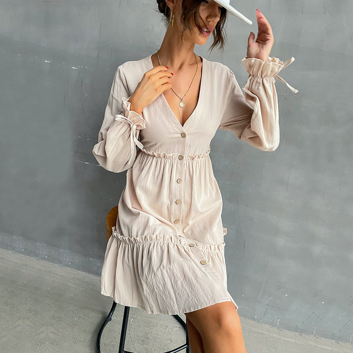 Damen Button-Midikleid mit V-Ausschnitt, Rüschen-Taille und Bindärmeln Drune