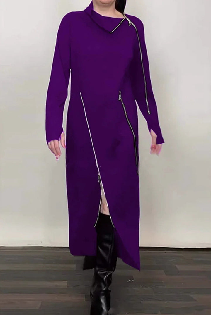 Damen nan langes Strickkleid mit asymmetrischen Metallreißverschlüssen und Frontschlitz Drune