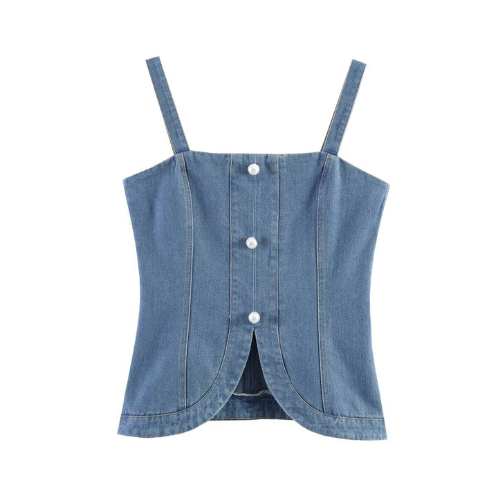 Damen Denim-Cami mit tailliertem Schnitt und dekorativen Knöpfen Drune
