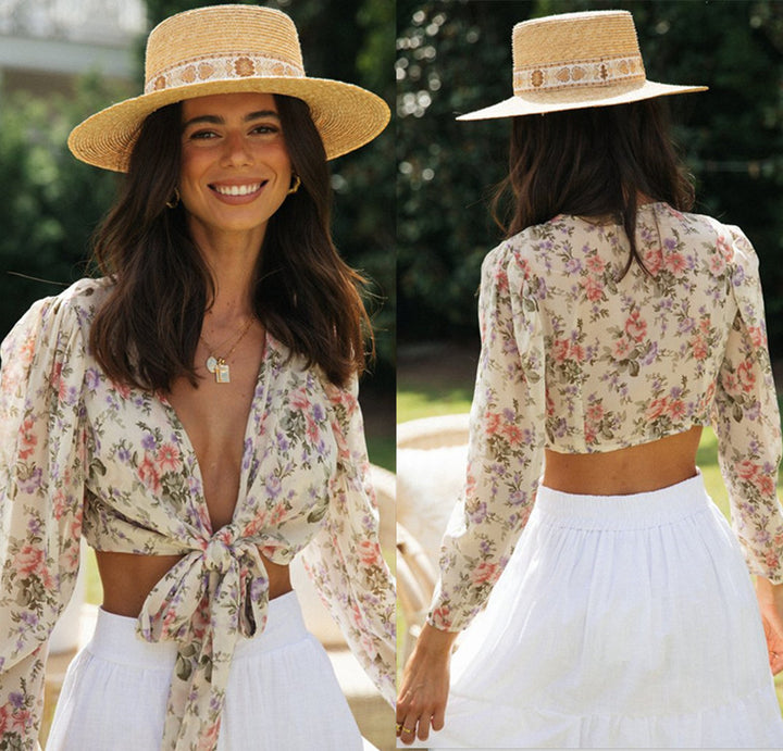 Damen kurzes Crop-Top mit floralem Design und Bindegürtel Drune