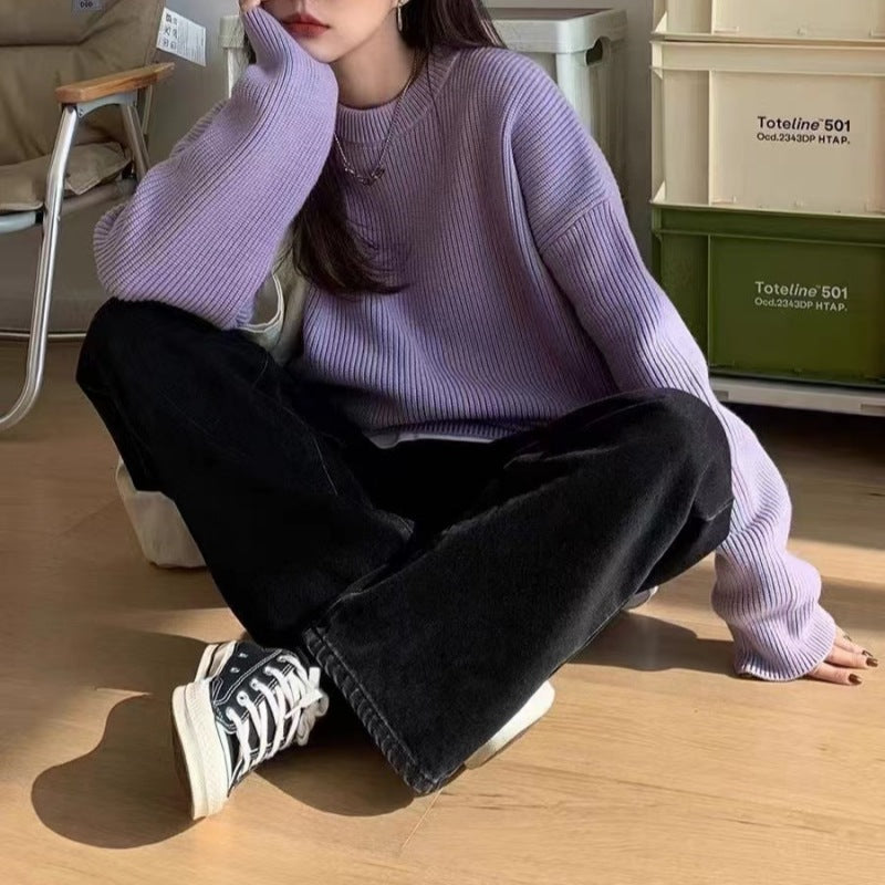 Damen lässiger Strickpullover mit feiner Rippenstruktur und bequemen langen Ärmeln Drune