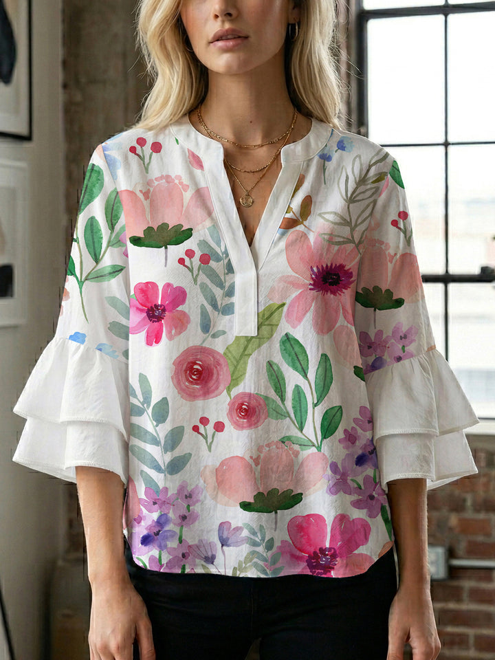 Damen elegantes Oberteil mit voluminösen Rüschensäumen und floralem Design Drune
