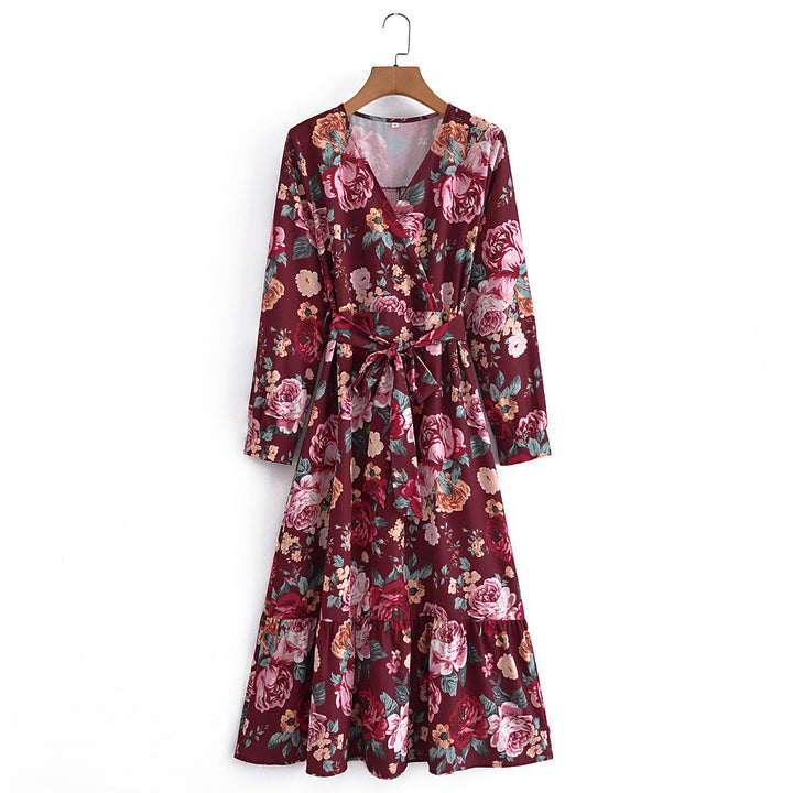 Damen Wickel-Maxikleid mit V-Ausschnitt, Taillengürtel und Stufensaum Drune