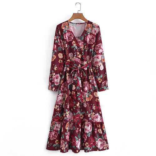 Damen Wickel-Maxikleid mit V-Ausschnitt, Taillengürtel und Stufensaum Drune
