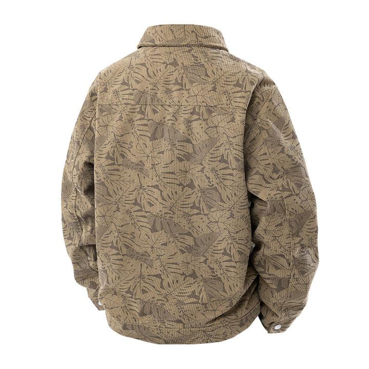 Herren Kordjacke im Truckerstil mit tonalem Blattmuster, Druckknopf‑Front und Pattentaschen Drune