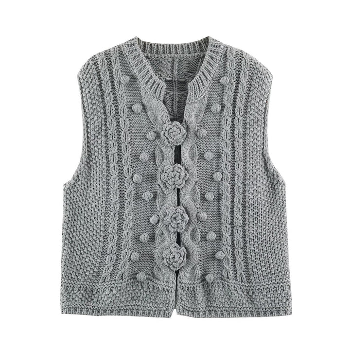 Damen Strickweste mit Zopfmuster, Blumenapplikationen und Noppenstruktur Drune