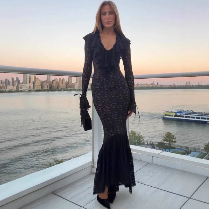 Damen Figurbetontes Spitzen‑Maxikleid mit Rüschenkragen und Glockensaum Drune