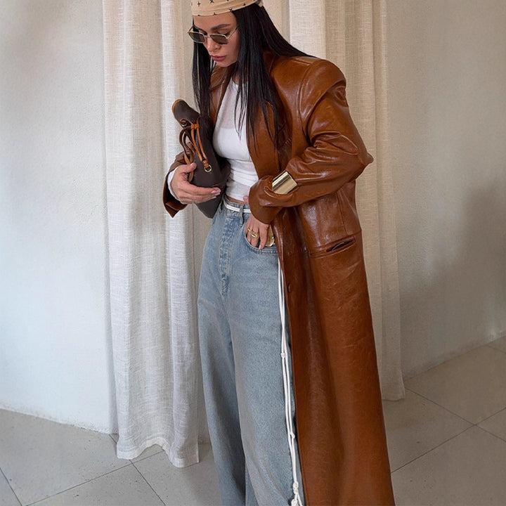 Damen Lang geschnittener Lackleder-Trenchcoat mit Reverskragen und kastiger Oversize-Passform Drune