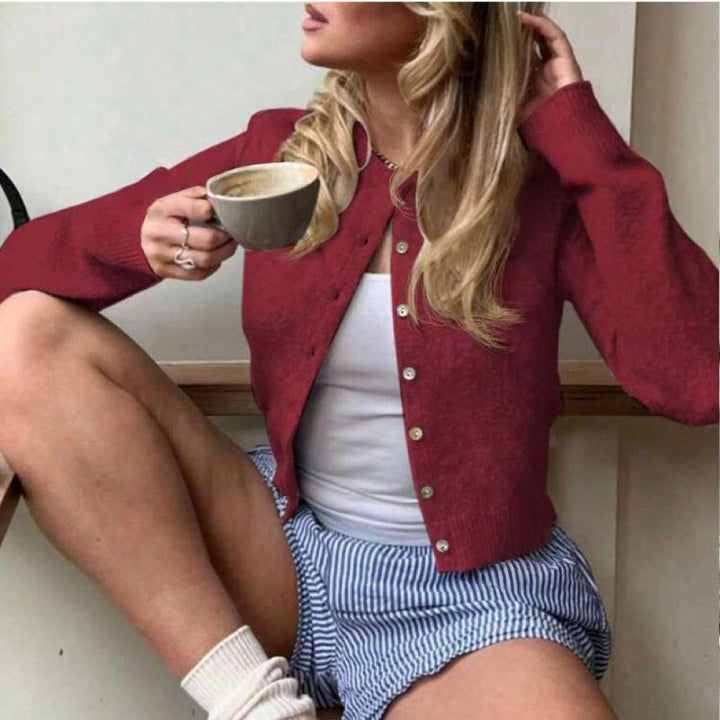 Damen Kurzgeschnittener Knopf-Cardigan im Cropped-Stil mit Rundhalsausschnitt Drune