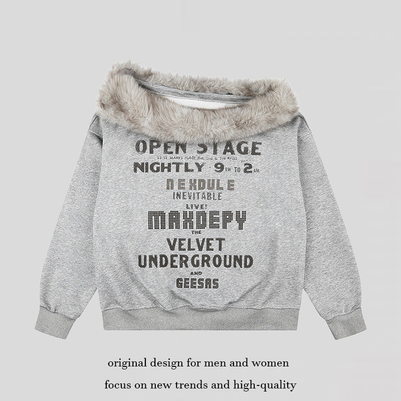 Damen Oversize-Sweatshirt mit Kunstfellkragen, weichem Innenfutter und typografischem Statement-Print Drune
