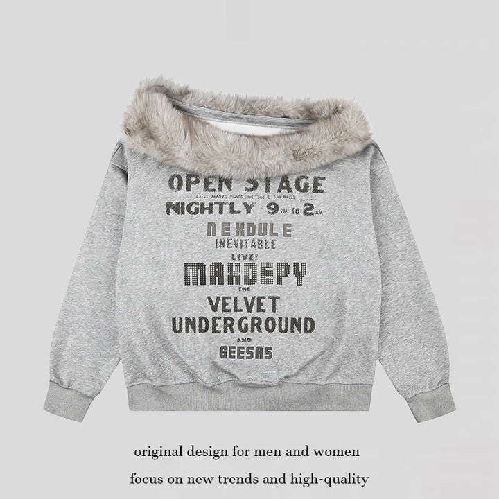 Damen Oversize-Sweatshirt mit Kunstfellkragen, weichem Innenfutter und typografischem Statement-Print Drune
