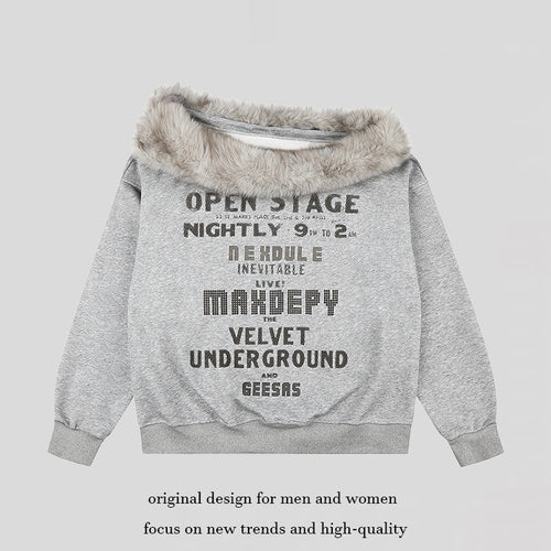 Damen Oversize-Sweatshirt mit Kunstfellkragen, weichem Innenfutter und typografischem Statement-Print Drune