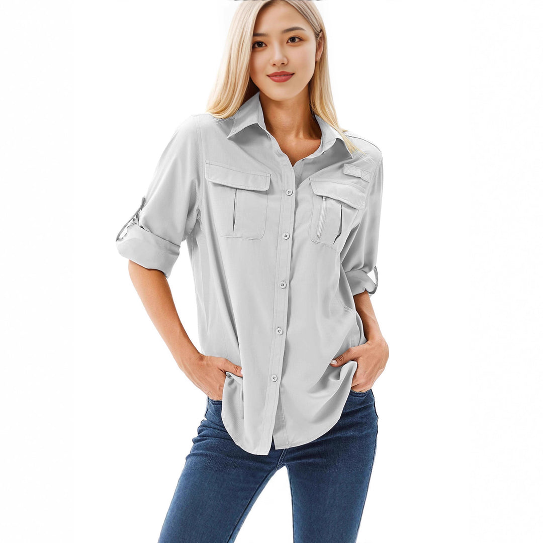 Damen lässige Bluse mit praktischen Taschen und umschlagbaren Ärmeln Drune