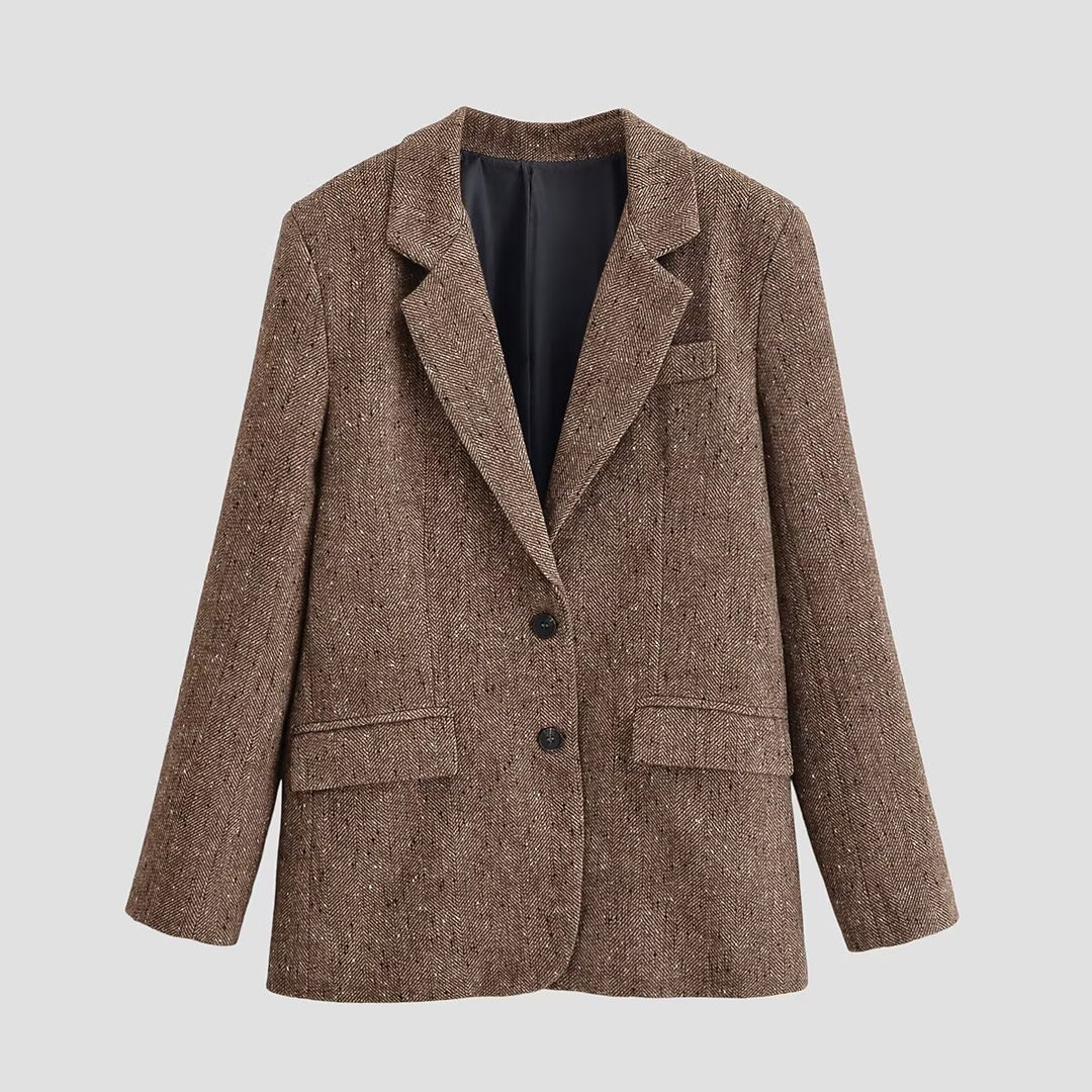 Damen Oversize-Tweedblazer mit Fischgrätmuster und Pattentaschen Drune