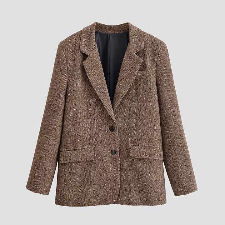 Damen Oversized Tweed-Blazer mit Fischgrätenstruktur, Pattentaschen und klassischem Revers Drune