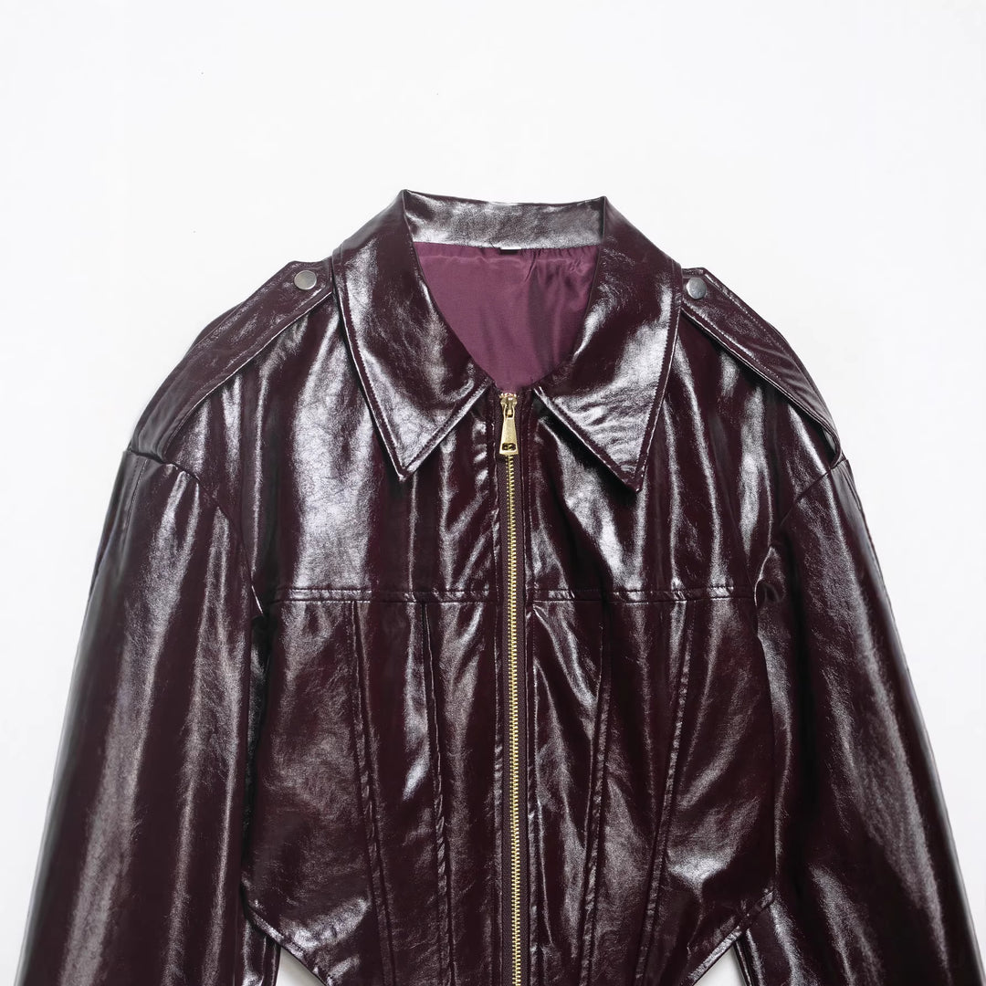 Damen Cropped Lackleder-Optik Bikerjacke mit Oversize-Ärmeln, Schulterklappen und durchgehendem Frontzip Drune
