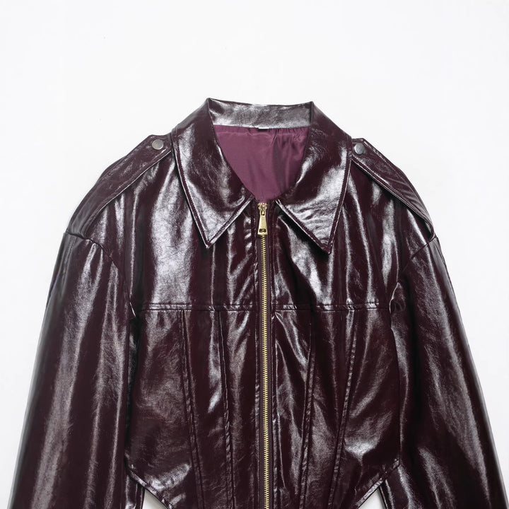 Damen Cropped Lackleder-Optik Bikerjacke mit Oversize-Ärmeln, Schulterklappen und durchgehendem Frontzip Drune