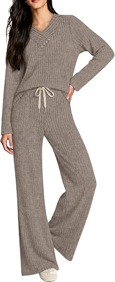 Damen Weiches Rippstrick-Lounge-Set mit V-Ausschnitt und Kordelbund Drune
