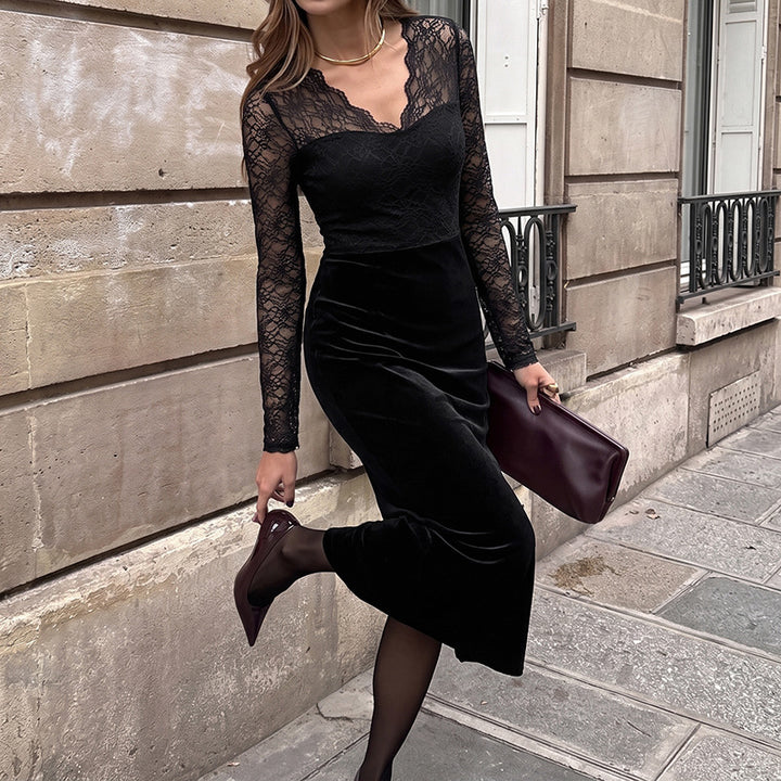 Damen Elegantes Langarm Maxikleid aus Samt und Spitze Drune