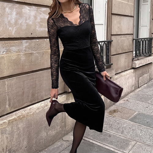 Damen Elegantes Langarm Maxikleid aus Samt und Spitze Drune