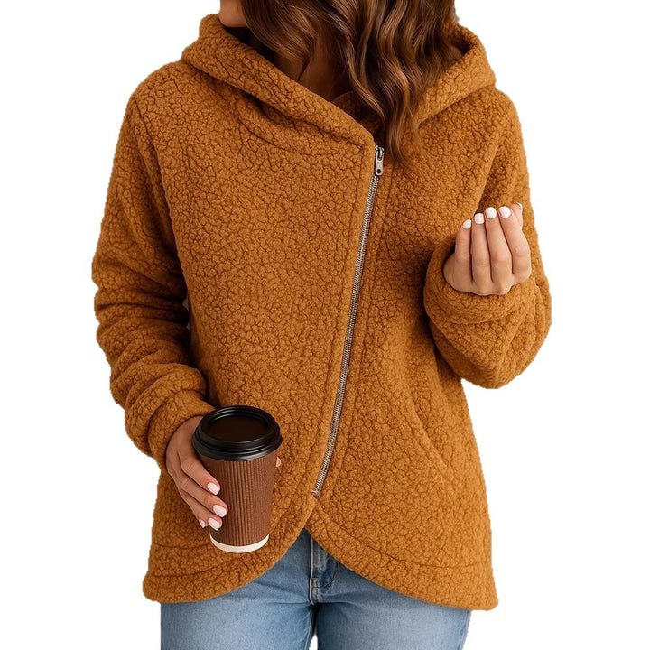 Damen Flauschige Kapuzenjacke mit asymmetrischem Reißverschluss Drune