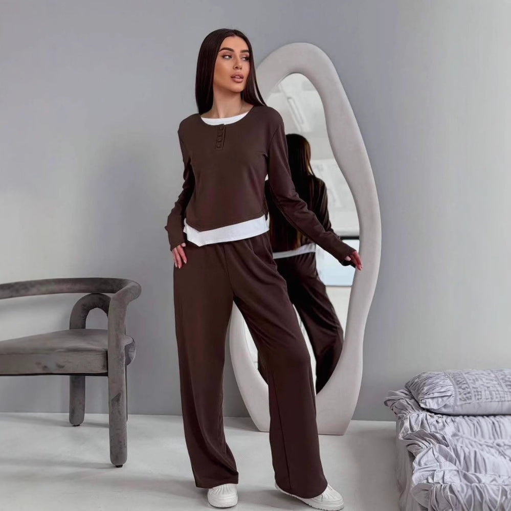 Damen Loungewear-Set aus weichem Modal mit Henley-Knopfleiste und weitem High‑Waist Loungehose Drune