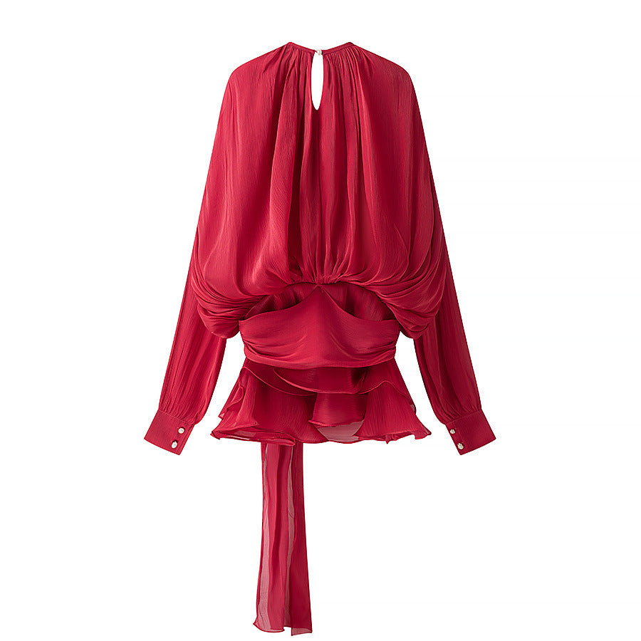 Damen nan luftiges Chiffon-Wickelblusen-Set mit Schärpe und Lagen-Shorts Drune