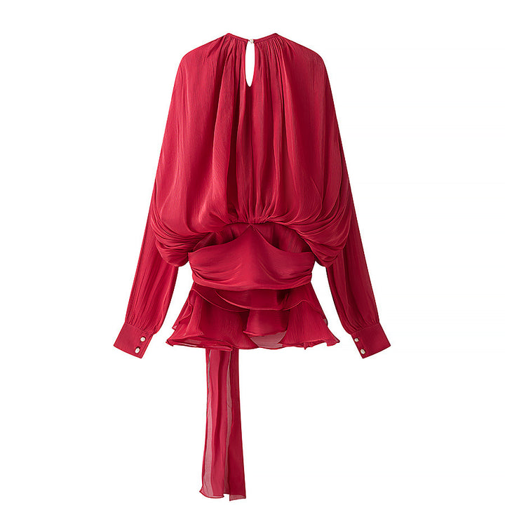 Damen nan luftiges Chiffon-Wickelblusen-Set mit Schärpe und Lagen-Shorts Drune