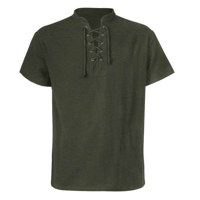 Herren nan lässiges Kurzarmshirt mit geschnürter V-Kehle, kurzem Stehkragen und weichem Baumwollmix Drune