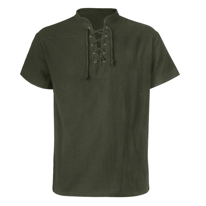 Herren nan lässiges Kurzarmshirt mit geschnürter V-Kehle, kurzem Stehkragen und weichem Baumwollmix Drune