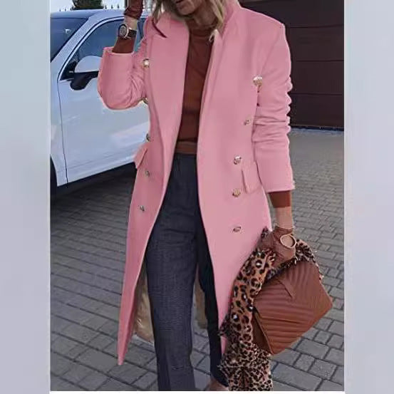 Damen Eleganter Langmantel mit doppelter Knopfreihe und goldenen Akzenten Drune