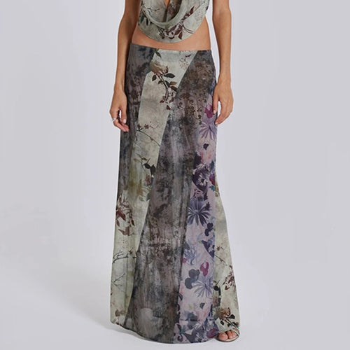 Damen Langer Maxirock mit diagonalen Patchwork-Prints und schlanker A-Linie Drune