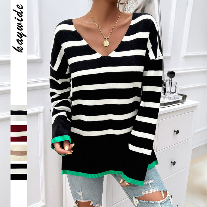 Damen nan gestreifter V‑Neck Feinstrickpullover mit verlängertem Tunika‑Schnitt und geripptem Saum Drune