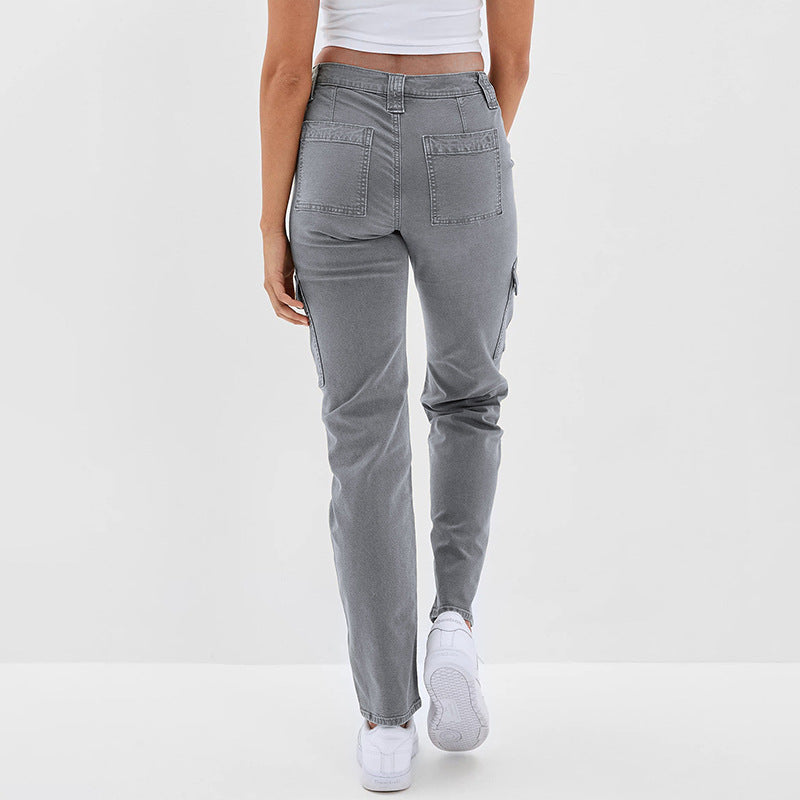 Damen Hochtaillierte Cargohose aus Denim mit geradem Bein und Mehrfachtaschen Drune