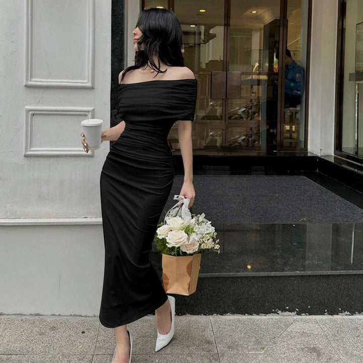 Damen Bodycon Maxikleid mit schulterfreiem Design und Raffungen Drune