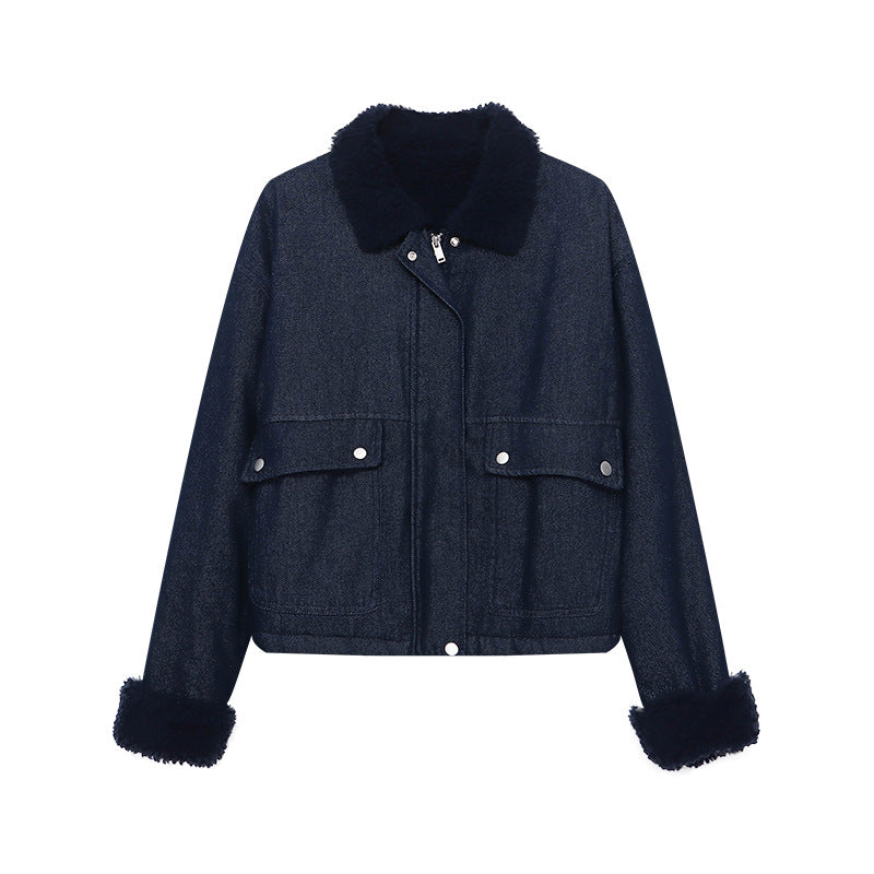 Damen lässige Kurzjacke mit gefüttertem Kragen und praktischen Taschen Drune