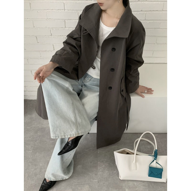 Damen Midilanger Trenchcoat mit hohem Stehkragen, Bindegürtel und lässiger Oversize-Silhouette Drune