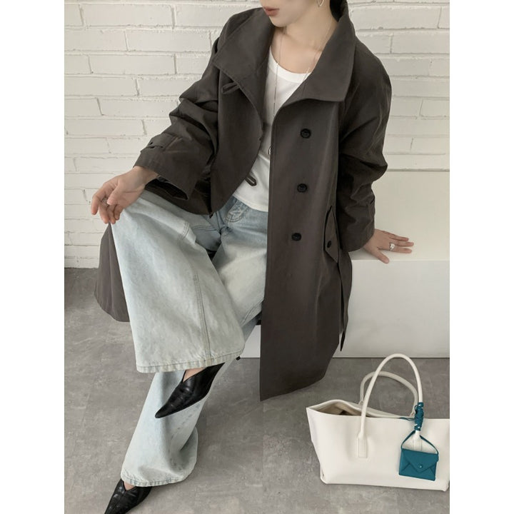 Damen Midilanger Trenchcoat mit hohem Stehkragen, Bindegürtel und lässiger Oversize-Silhouette Drune