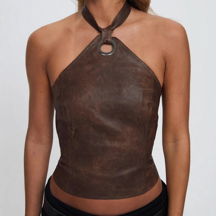 Damen Kunstleder Crop-Top mit verspieltem Bindeband und dekorativem Ring Drune