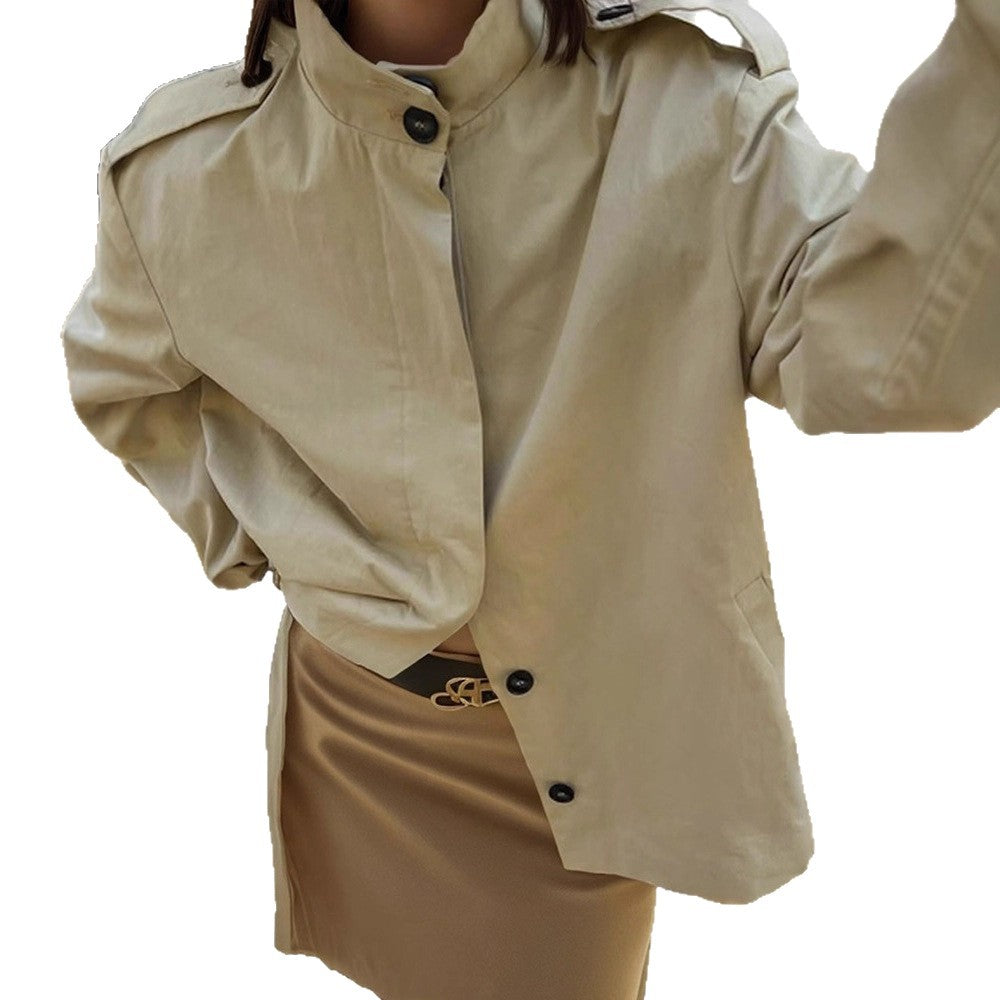 Damen Kurzbluse-Trench mit Stehkragen, Schulterpatten und Ballonärmeln Drune