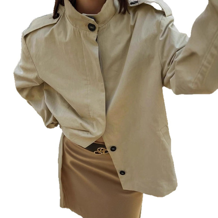 Damen Kurzbluse-Trench mit Stehkragen, Schulterpatten und Ballonärmeln Drune