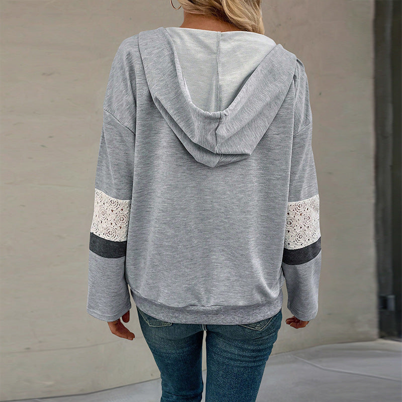 Damen V‑Ausschnitt Kapuzen-Sweatshirt mit Spitzenbesatz an den Ärmeln und Kängurutasche Drune